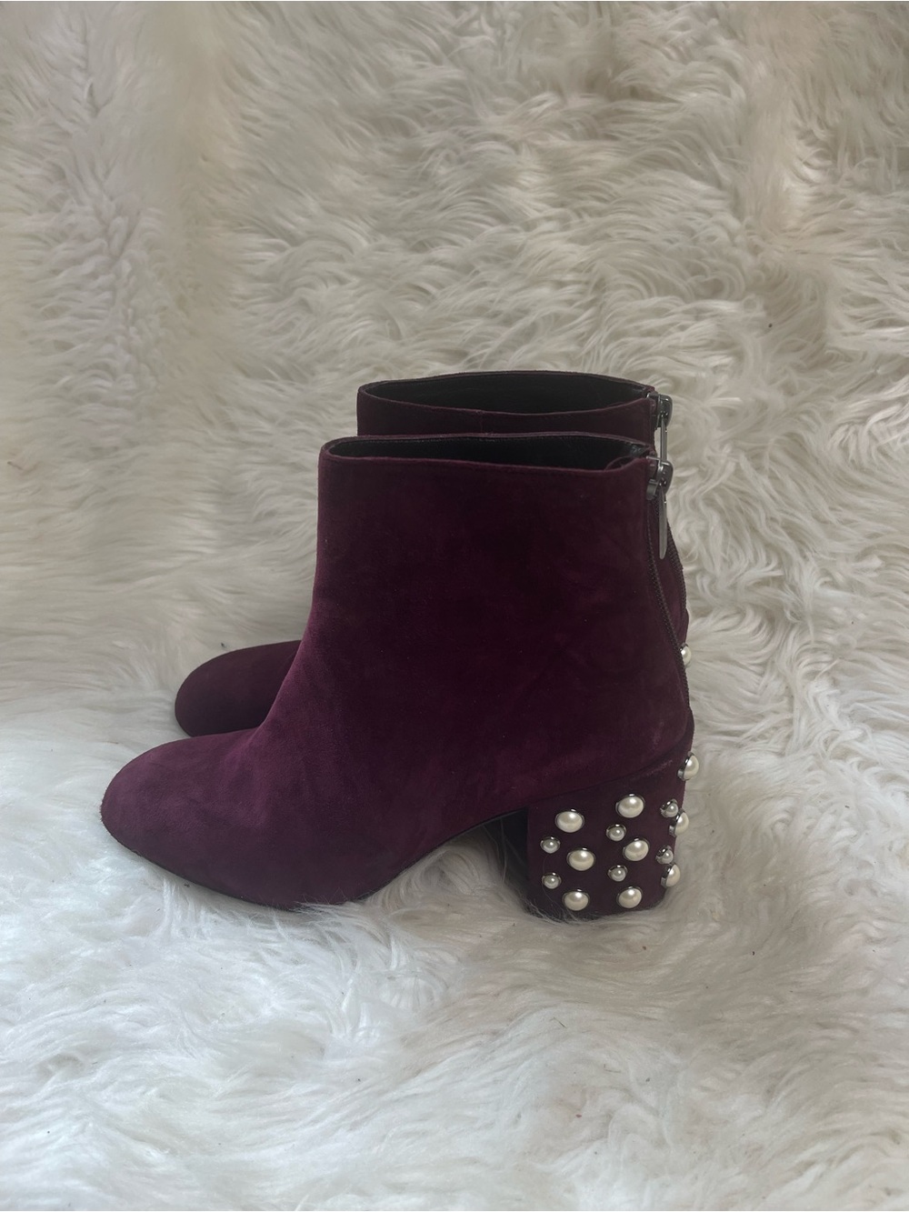 Stuart Weitzman Burgundy suede ankle Boots Block heel Pearl-Embellished SZ8.5M